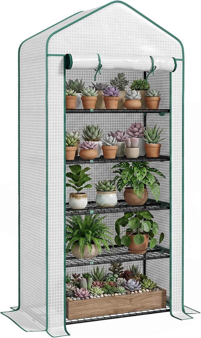 Outsunny 5 Tier Mini Greenhouse, 76" x 35.4" x 19.3" Small Portable Greenhouse with Reinforced PE Cover, Roll-Up Zippered Door, for Indoor Outdoor Garden Yard Backyard, White