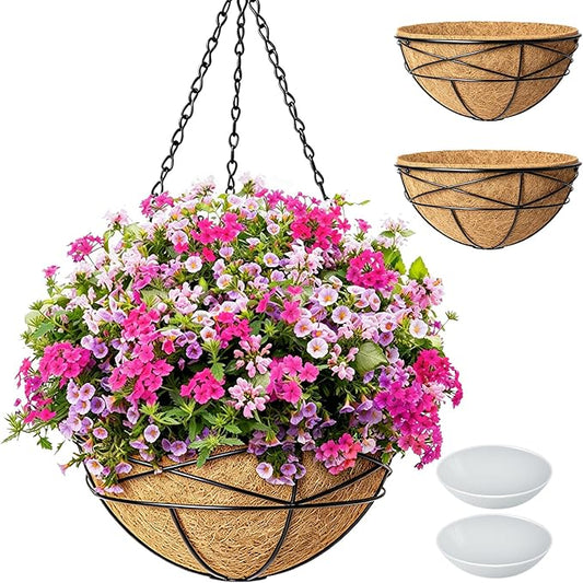 2 Pack 14 Inch Hanging Flower Baskets for Outdoor Plants Large Metal Wire Planters with Coco Liner Pot for Home Planting Round Watering Plant Holders for Outside Garden