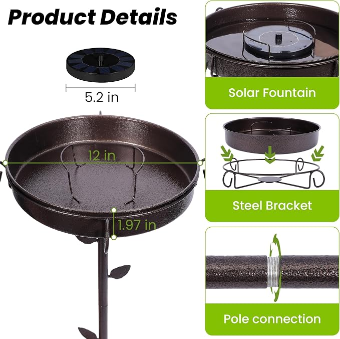 35 in Metal Bird Bath Solar Fountain for Outside,with 5-Pronged Base,Detachable Solar Pump,Freestanding Solar Powered Bird Bath for Patio,Lawn,Garden