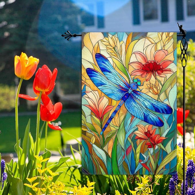 Stained Glass Style Dragonfly Garden Flag Spring Summer Garden Flag Vertical Double Sided Rustic Farmland Burlap Yard Lawn Outdoor Decor 12.5x18"