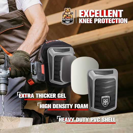 REXBETI New Upgraded Knee Pads for Work, Construction Knee Pads for Men, Heavy Duty Comfortable Anti-Slip Foam Gel Knee Pads for Gardening Flooring and Cleaning, Extra 4 Extension Straps, Gray