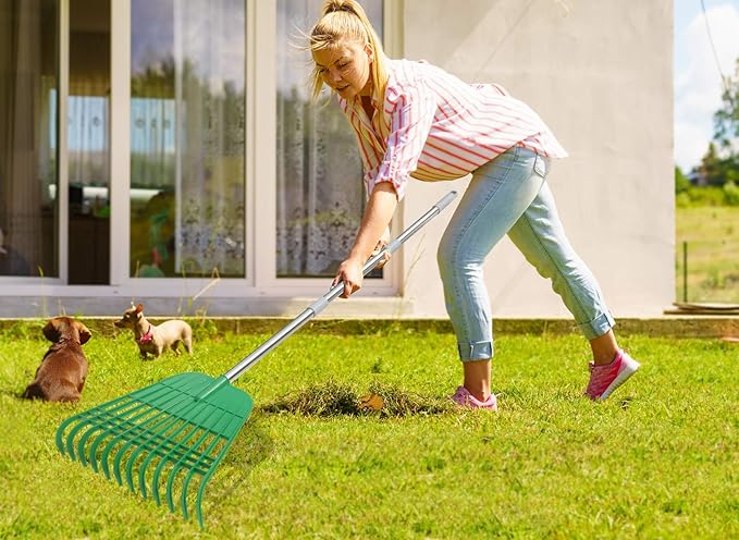 Gardzen 12 Tines Gardening Leaf Rake, Lightweight Steel Handle, Detachable, Ideal Camp Rake, Comes with Dustpan-Type Garden Bag, 2 Pack
