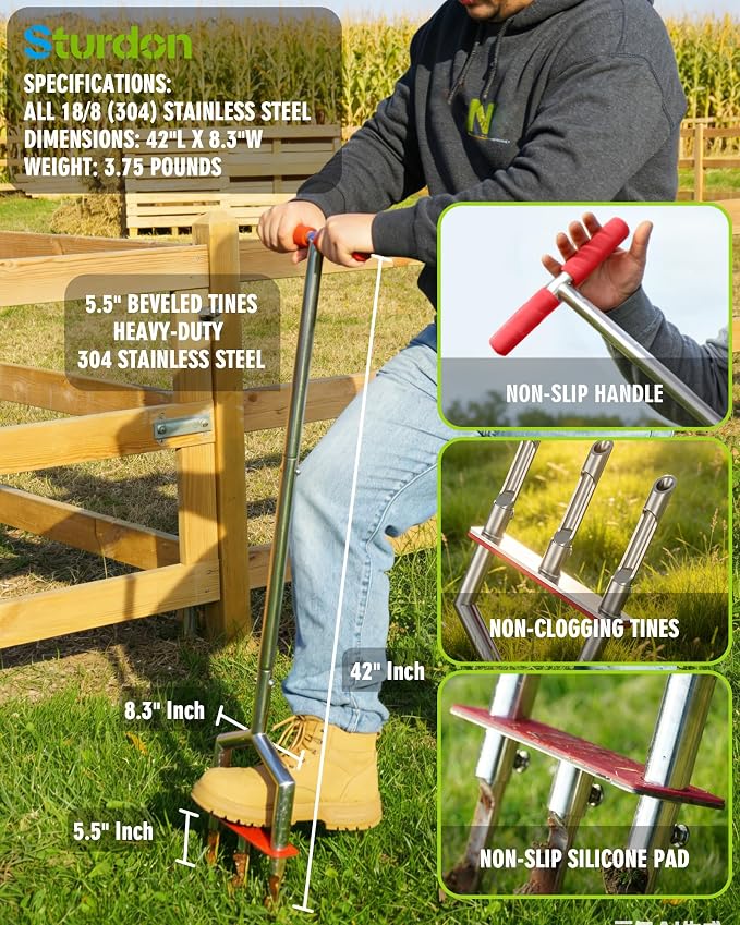 Manual Lawn Aerator - 42 Inch, 304 Stainless Steel Aerator Lawn Tool, Easy to Install, Rust Resistant, Core Aerator for Yard&Grass Compacted Soil, 3 Detachable Hollow Tines, Non Slip Foot Pad