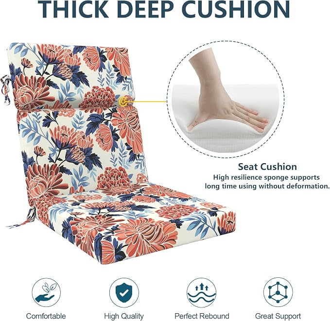 DYTXIII Outdoor High Back Chair Cushions Set of 2, 44"x22" Water Repellent Patio Seat Cushions with Elastic Sponge, All Weather Chair Pads for Rocking, Dining Chairs, Patio Furniture - Ruby Flower