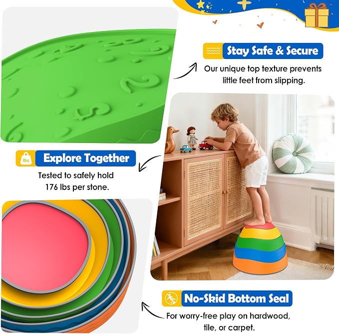 Stepping Stones for Kids - 5 Pack Non-Slip Balance Stepping Stones, Sensory Outdoor Toys for Toddlers Age 3-6, Garden Play Equipment for Promoting Toddler's Balance & Coordination Skills