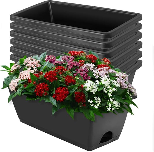 LOCONHA Window Box Planter, Plastic Vegetable Flower Planters Boxes 17 Inches Rectangular Flower Pots with Saucers for Indoor Outdoor Garden, Patio, Home Decor (7, Dark Grey)