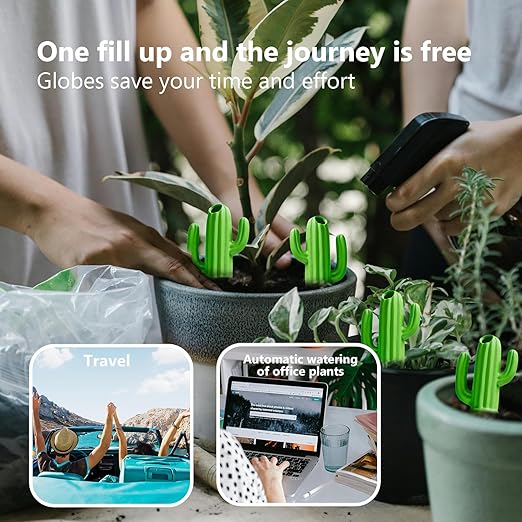 Joyeee 4 Pack Cactus Shaped Watering Spikes, Terracotta Self Watering Devices, Slow Release Waterer for Indoor Outdoor Potted Plants, Automatic Drip Irrigation for Vacations with 60ml Capacity, Green