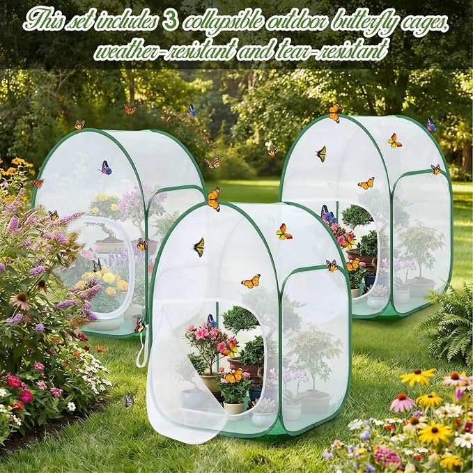 3 Pack 36" Large Monarch Butterfly Habitat Giant Collapsible Insect and Butterfly Mesh Habitat Cage Pop-up Caterpillar Growing Mesh Cage Terrarium, Side Door Design, Transparent Window Panel
