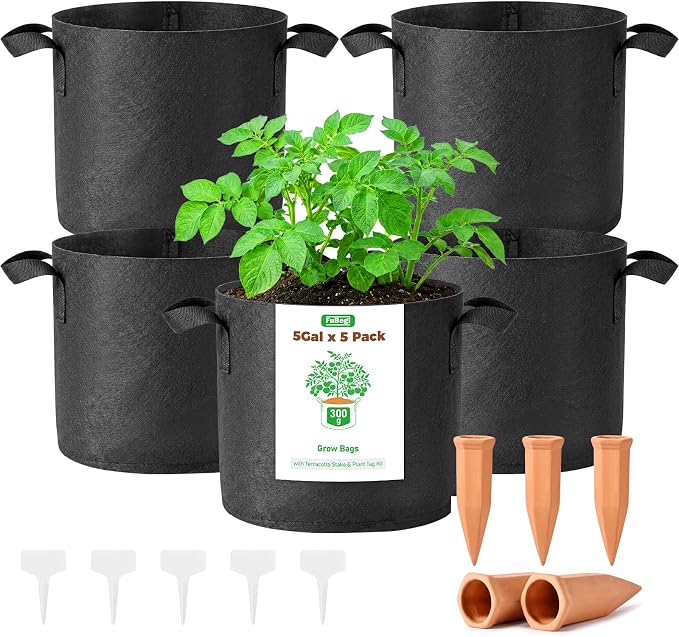 5-Pack 5 Gallon Self Watering Grow Bags with 5pcs Terracotta Watering Spikes, Fabric Growing Plant Bags Garden Planting Pots for Gardening Outdoor, Planter Bags for Potato Tomato Cucumbers Vegetables