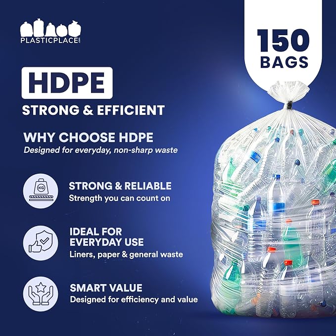 Plasticplace 56 Gallon Trash Bags - Clear High Density Garbage Bags - Heavy Duty, Scent-Free, Large Trash Can Liners for Kitchen, Commercial, & Garden Use 16 Microns, Leak-Proof, 43" x 48" (150 Count)