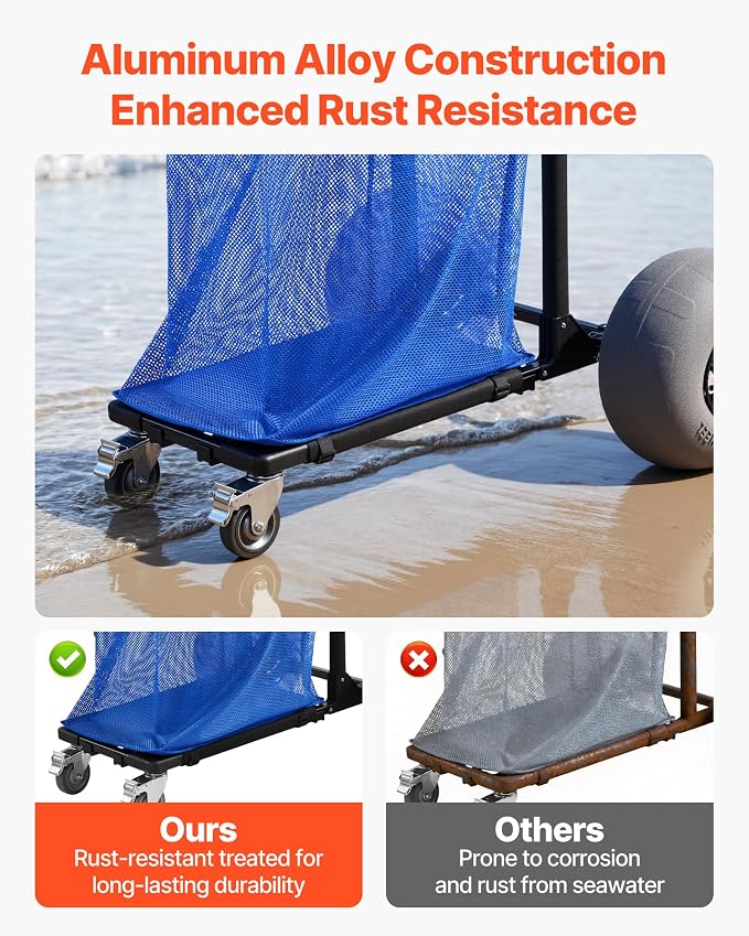 VEVOR Beach Cart with Large Wheels for Sand, 165 lbs Load Capacity, Heavy Duty Folding Beach Wagon with 12" Balloon Wheels, Storage Bag, 180° Adjustable Handlebar, Dolly for Camping Fishing Garden