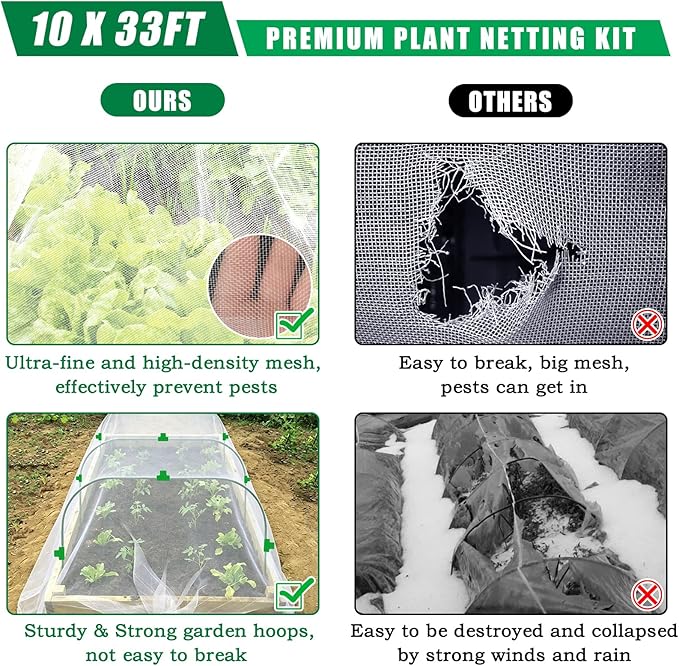 10 X 50 FT Garden Mesh Netting Kit Pest Barrier for Raised Beds, Fruit Tree Netting with 10 Sets Garden Hoops & 20 Clips for Cicadas Bird Insect, Blueberry Bush Netting Cover for Garden Protection
