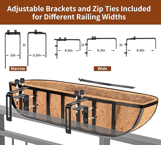 24" Railing Planter with Adjustable Brackets, Window Box with Coco Liner, Hanging Flower Metal Box for Indoor Outdoor, Balcony Deck Fence Porch Patio, Black, Set of 4