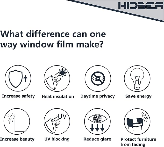 HIDBEA One Way Window Film, Daytime Privacy Sun Blocking Reflective Window Film No Glue Static Cling Heat Control Window Tinting Film for Home and Office, Black Silver, 35.4 x 393.7 Inch