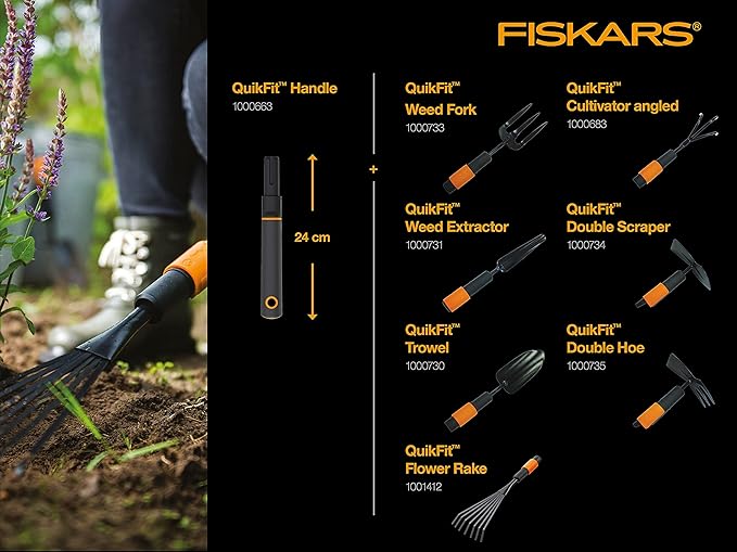 Fiskars QuikFit Cultivator Angled, Small Rake, Tool Head, Width: 5.5 cm, Black/Orange, 1000683