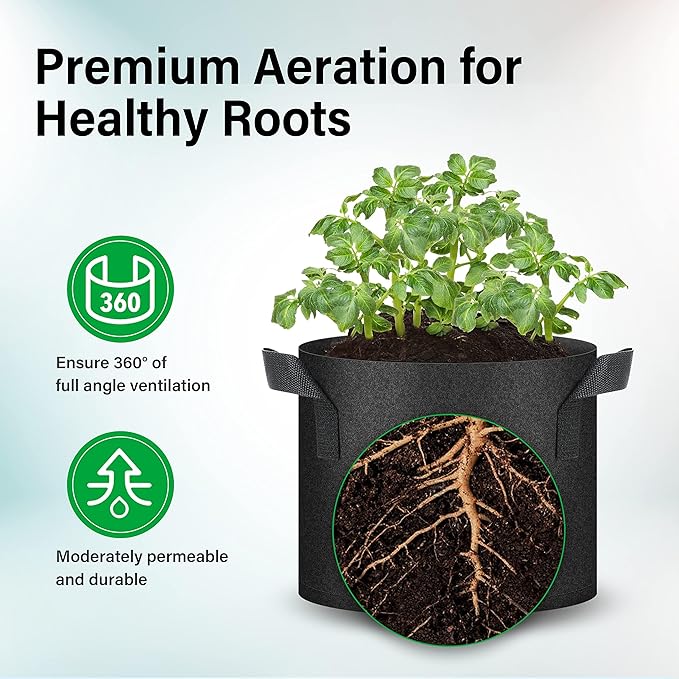 YSSOA 20-Pack 5 Gallon Grow Bags, Aeration Nonwoven Fabric Plant Pots with Handles, Heavy Duty Gardening Planter for Potato, Tomato, Vegetable and Fruits, Black