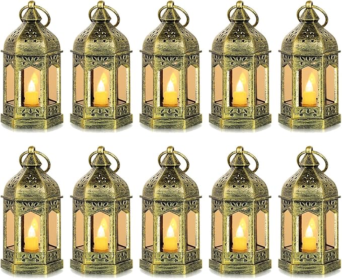 Romadedi Mini Lanterns Decorative for Centerpiece: 10pcs Hanging Small Gold Lantern Bulk with Flickering LED Candles for Wedding Decor Party Table Decorations Christmas Halloween, Batteries Included