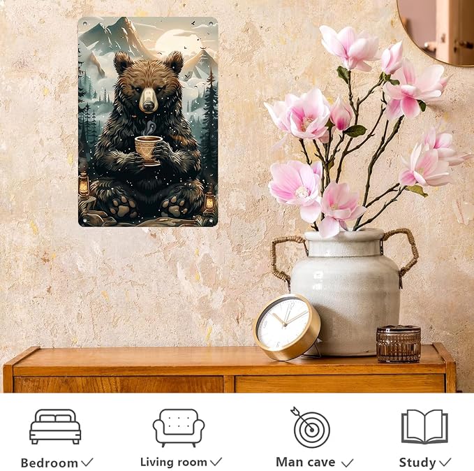 Bear Metal Tin Sign Morning Brew in the Wild Wall Art Rustic Bear & Coffee Cup Tin Sign for Cozy Cabin Decor Kitchen & Living Room Vintage Gift for Wilderness Enthusiasts 12 * 8in