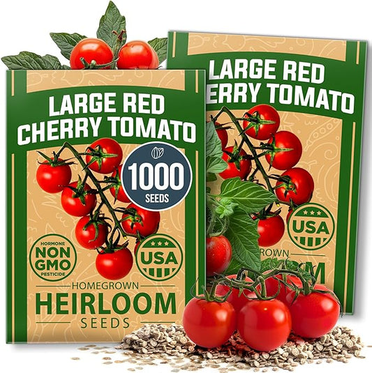 HOME GROWN Large Red Cherry Tomato Seeds 1000+ Heirloom Non-GMO Seeds for Planting, High Germination,Indeterminate, Sweet & Juicy Salad Tomatoes,Prolific Garden Crop,Sustainable (Solanum lycopersicum)