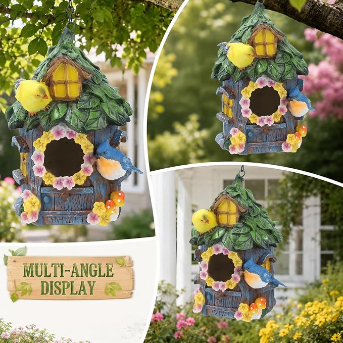 Bird Houses for Outside Real Wood-Look Birdhouse with Blue Bird – Hand-Painted Resin Birdhouses for Outdoors for Bluebird Finches Cardinals Bird Nesting Garden, Patio, Yard