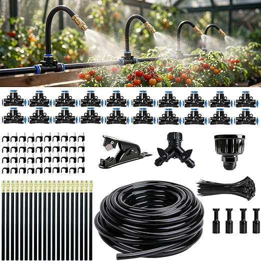 2026-Upgrade 100Ft 1/4" Drip Irrigation System,Garden Watering Kit with 20Pcs 360° Adjustable Copper Nozzles,Automatic Atomizing Sprinkler,DIY for Outdoor,Lawn,Greenhouse,Raised Beds (100FT/20pcs)
