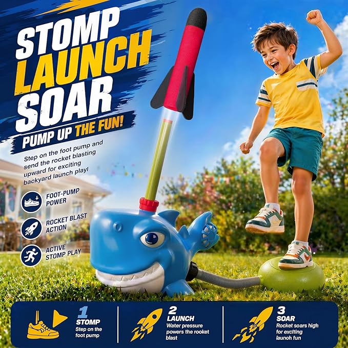 Shark Water Sprinkler Toy for Kids Ages 3-8, 4-in-1 Splash Baseball T Ball Set with Rocket Launcher, 360 Degree Sprinkler and Water Balls, Outdoor Backyard Summer Toy for Boys Girls