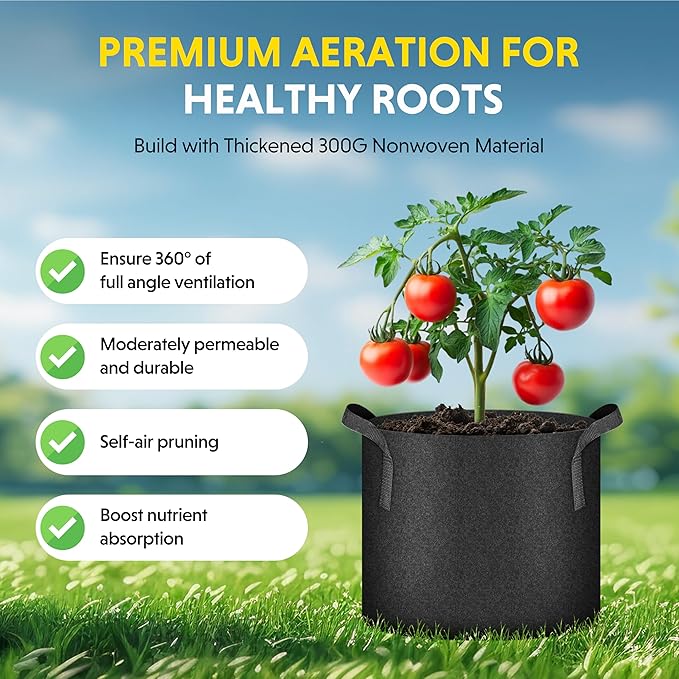 iPower 5-Pack 25 Gallon Plant Grow Bags Thickened Nonwoven Aeration Fabric Pots Heavy Duty Durable Container, Strap Handles for Garden, Black