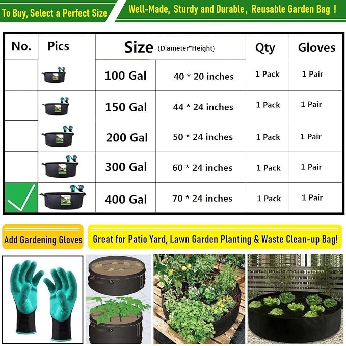 400 Gallon Big Raised Garden Bed Bag (70x24 inch) Large Plant Grow Bag for Tomato,Potato Planter,Herbs Veggies Planter,Flower Bed,Plant Container,Yard Waste,Lawn Debris,Leaf Bag with Gardening Gloves