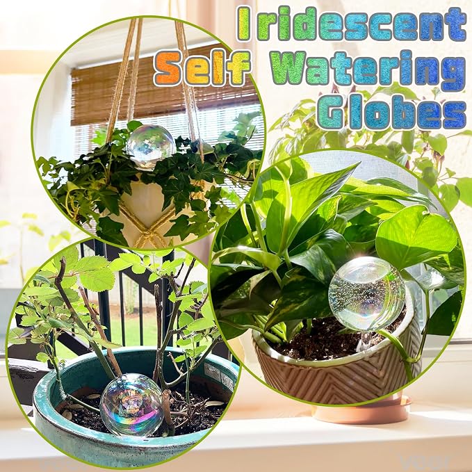 Bvrbaory 2 Pcs Iridescent Self Watering Globes,Rainbow Plant Watering Insert,Automatic Plant Waterer Glass Bulbs,Clear Glass Plant Water Globes for Indoor and Outdoor
