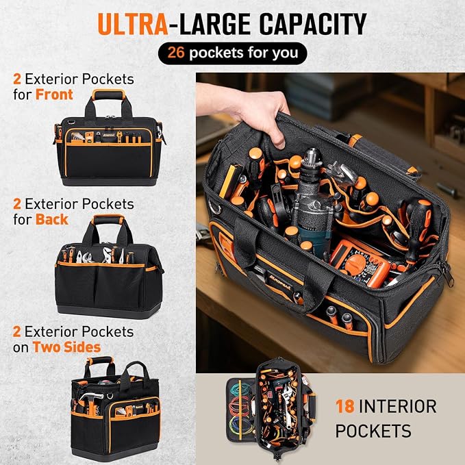 Electrician Tool Bag 17-Inch, 26-Pocket Large Tool Bags for Men Women with Waterproof Hard Bottom & Adjustable Shoulder Strap, Tool Bag Organizer for HVAC Craftsman Contractor Carpenter Electrician