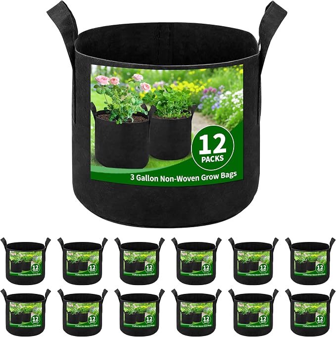 12 Pack 3 Gallon Grow Bags, Heavy Duty 300g Nonwoven Fabric Plant Pots with Reinforced Handles, Breathable Potato & Tomato Grow Bags for Vegetables, Peppers, Herbs - Black