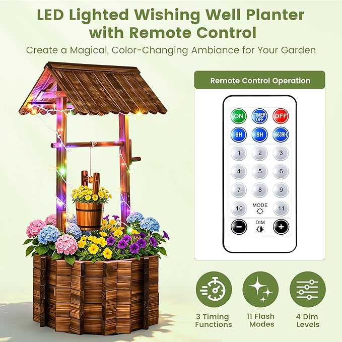 2026 Upgraded 54" H Wishing Well Planter with 11-Mode LED Lights and 3 Timer Settings, Outdoor Garden Decor with Adjustable Hanging Bucket and Drainage Base for Yard, Patio, Backyard