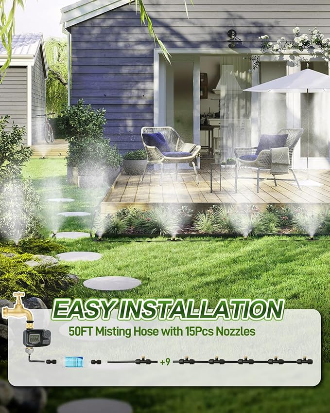 Joyhalo Misters for Outside Patio with Automatic Sprinkler Timer, 50FT Misting System Line,17 Mist Nozzles,Water Filter,Brass Adapter(3/4"), Outdoor Plant Misters for Patio Cooling Garden Greenhouse