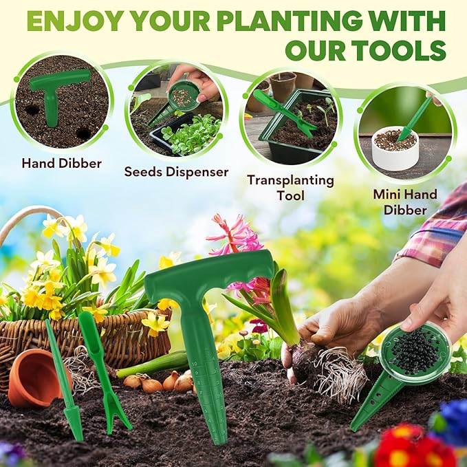 Seed Planter Tool, T-Handle Seed Dibber with Scale, Seed Dispenser with 5 Adjustable Holes, Seedling Transplanter, Mini Planting Dibber for Trays, Raised Bed, Balcony Garden (Dark Green 4PCS)