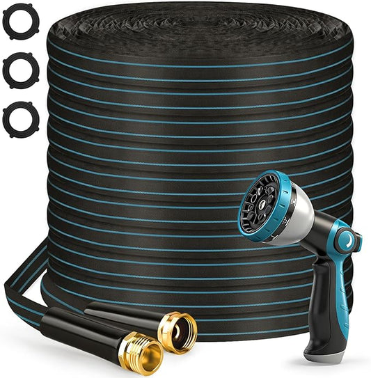 Halfjuly Garden Hose 50FT, Flat Non-Expandable Lightweight Water Hose, Durable Flexible Heavy Duty No Kink Design with 3/4" Fittings, 10 Way Spray Nozzle for Outdoor Yard Lawn