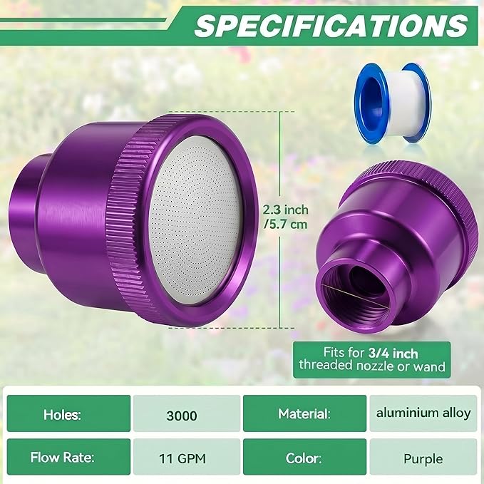Dreyoo 1 Pack Water Nozzle with 3000 Tiny Holes, 3/4'' Aluminium Alloy Garden Hose Shower Head with PTFE Thread Seal Tape for Outdoor Watering Flowers, Plants, Greenhouse, Nurseryman (2.36'',Purple)