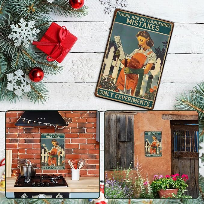 Funny Metal Garden Sign for Outside, There Are No Gardening Mistakes Only Experiments Vintage Tin Wall Decor for Yard Patio Greenhouse Farmhouse, 12x8 Inch