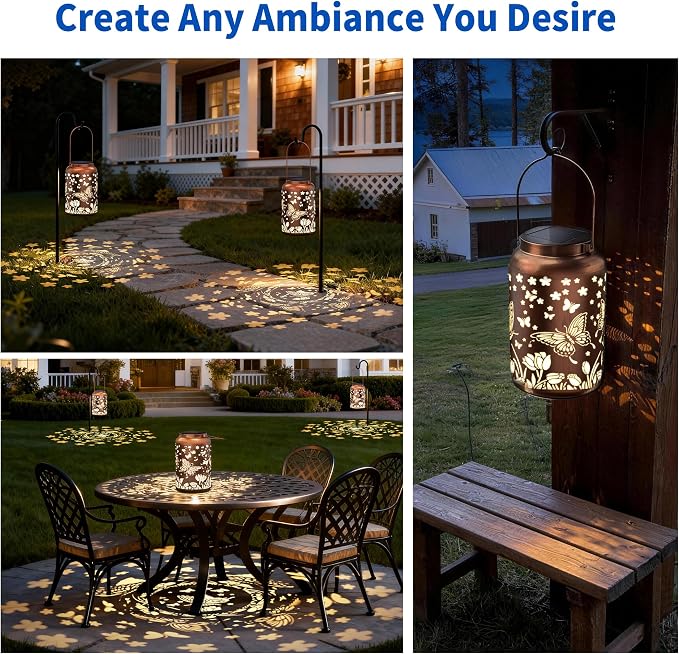 JEJOT Butterfly Solar Lanterns Outdoor Waterproof, Mothers Day Gifts, Birthday Gifts for Women Mom Grandma,Metal Hanging Solar Lantern for Yard,Garden,Porch Landscape Deconrations-2 Pack