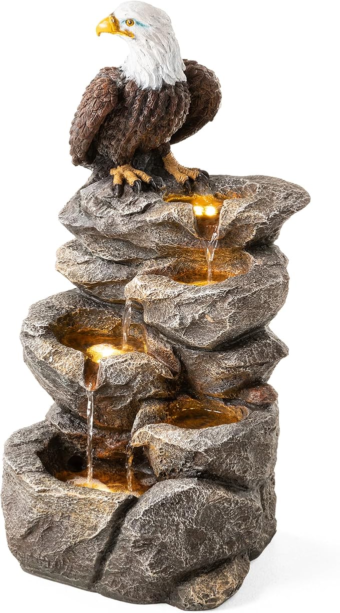 Glitzhome Outdoor Water Fountain with Lights, 4-Tiered Eagel Outdoor Fountain, 25.25" H Polyresin Decorative Waterfall Feature Garden Fountain with Pump for Garden, Patio, Yard, Deck, Porch Decor