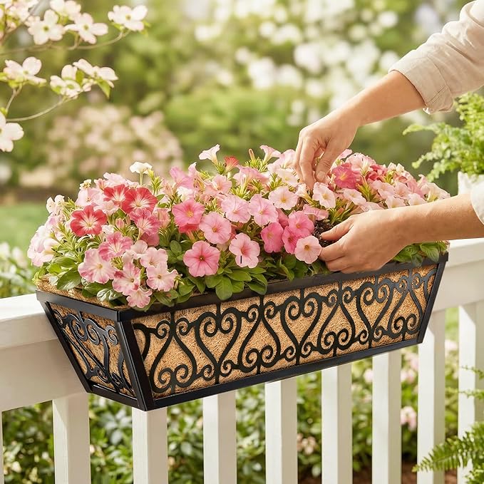 6 Pack 30 Inch Deck Railing Planter Box - Window Boxes Planters with Adjustable Brackets Coco Liners Balcony Planters Railing Hanging for Window Flower Boxes Outdoor Garden Decor