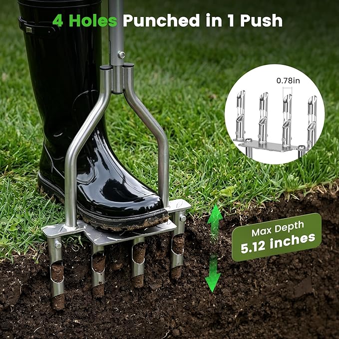 Manual Lawn Core Aerator with 4 Hollow Tines, Adjustable Height Grass Aeration Tool with Widened Footrest, Heavy Duty Plug Aerator for Lawn Yard Soil Compaction Relief