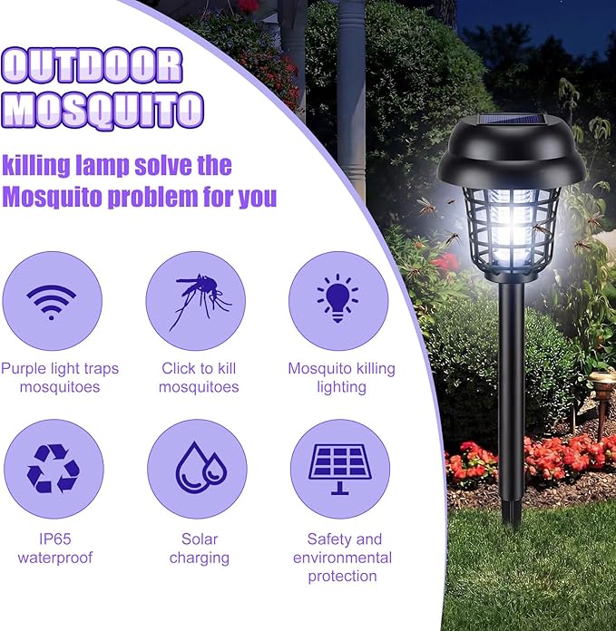 Qualirey 12 Pcs Solar Mosquito Zapper Outdoor Waterproof Solar Powered Bug Zapper Outdoor Mosquito Killer Lamp Trap Repellent Light for Garden Yard Insect (Purple and White Light,Black)