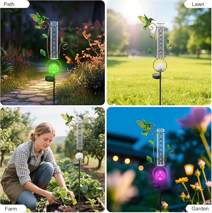 Rain Gauge Outdoor, for Women/Mom/Grandma, Upgraded Solar Rain Gauges Hummingbird with Color Changing LED Cracked Ball Lights 7" Measuring Cup for Yard Lawn Garden Decor