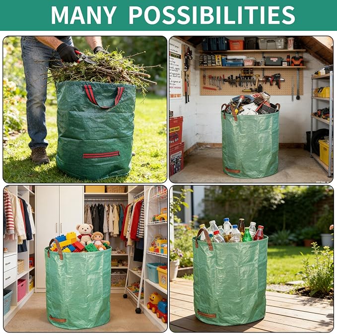 3 Pack 136-Gallon Yard Waste Bags with Gardening Gloves, Heavy Duty Reusable Lawn Leaf Bags with Reinforced Handles, Collapsible Garden Bags for Leaves, Debris and Outdoor Clean Up