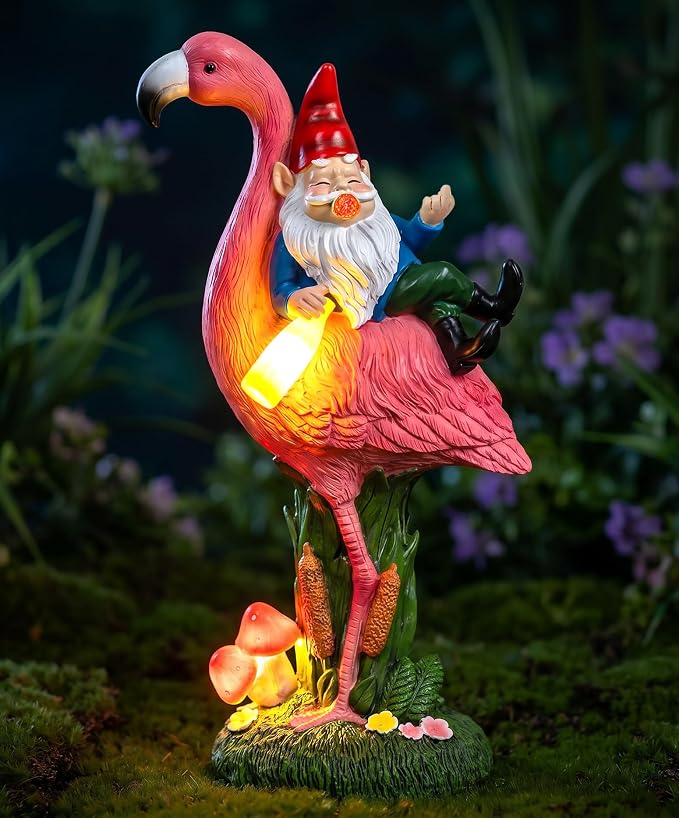 C&Y&G&X Middle Finger Gnome Riding Flamingo 13in, Funny Garden Statue Solar Powered Outdoor Yard Decor with LED Beer Bottle & Mushrooms, Waterproof Naughty Lawn Ornament Gag Gift for Patio, Porch