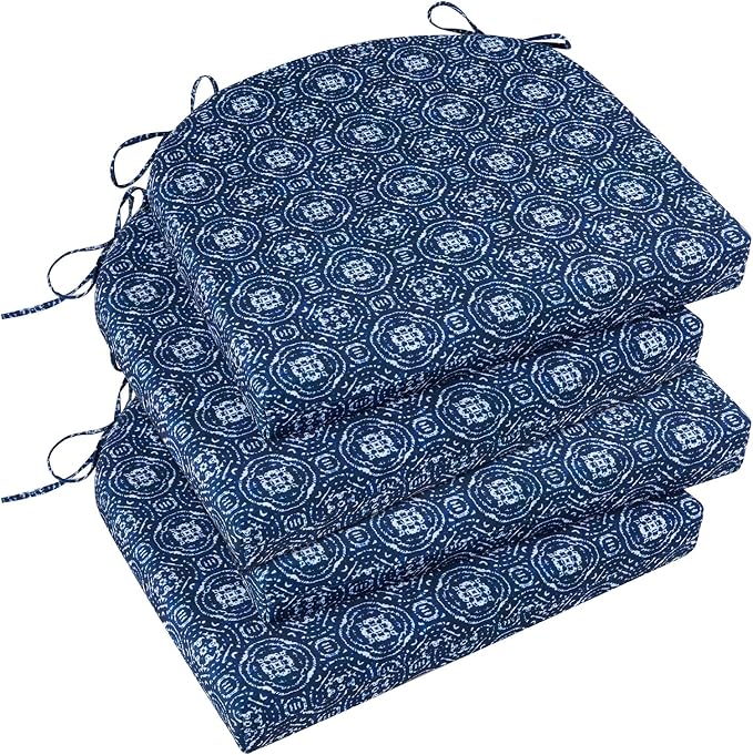 Basic Beyond Outdoor Chair Cushions Set of 4, Outdoor Cushions for Patio Furniture, Water Resistant Patio Chair Cushions with 2 Ties, 17x16x2, Blue Circles