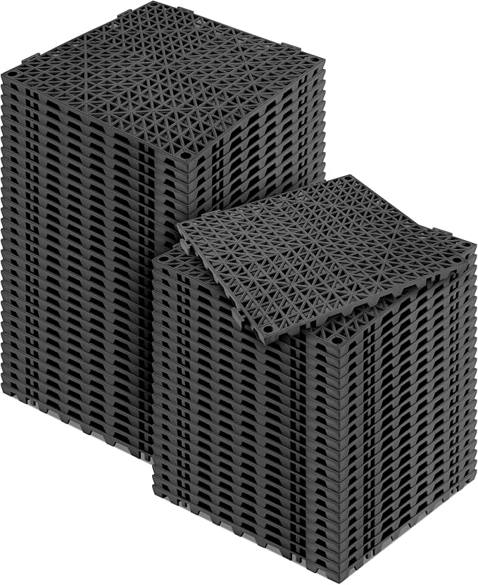 MYFAMIREA Modular Interlocking Cushion 55 Pack 11.8" x 11.8" Rubber Floor Tiles Non-Slip Splicing Drainage Mats for Deck, Pool, Outdoor Shower, Patio, Balcony, Indoor Bathroom, Kitchen, Yard (Black)