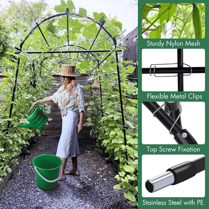 Garden Arch Trellis 7FT Extra Tall Polyethylene-Coated Stainless Steel Garden Trellis for Climbing Plants Outdoor Garden Trellis Arch for Cucumber Trellis | Gardening Trellis with Clips (Black)