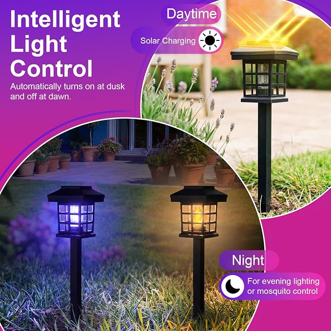 4 Pcs Solar Bug Zapper Outdoor Waterproof 2 in 1 Mosquito Zapper Solar Powered Mosquito Fly Trap Repellent Lamp Kills Bugs LED Lamp with Flame Purple Light for Garden Patio Yard Lawn (Black)