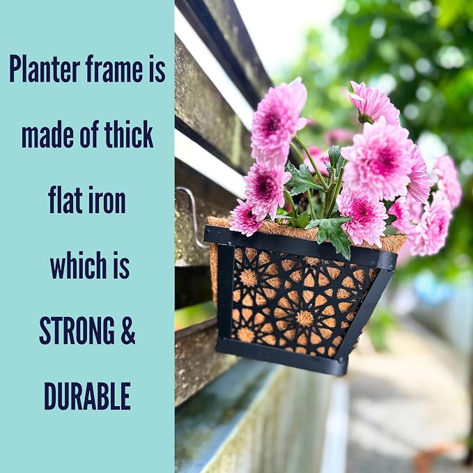 LaLaGreen Window Planter Boxes for Outdoor Plants (12 Inch, 2 Pack,) Small and Cute Black Metal Fence Hanging Planters Flower Basket Pot with Coco Liner Trendy Horse Troughs Balcony Patio Porch Rail